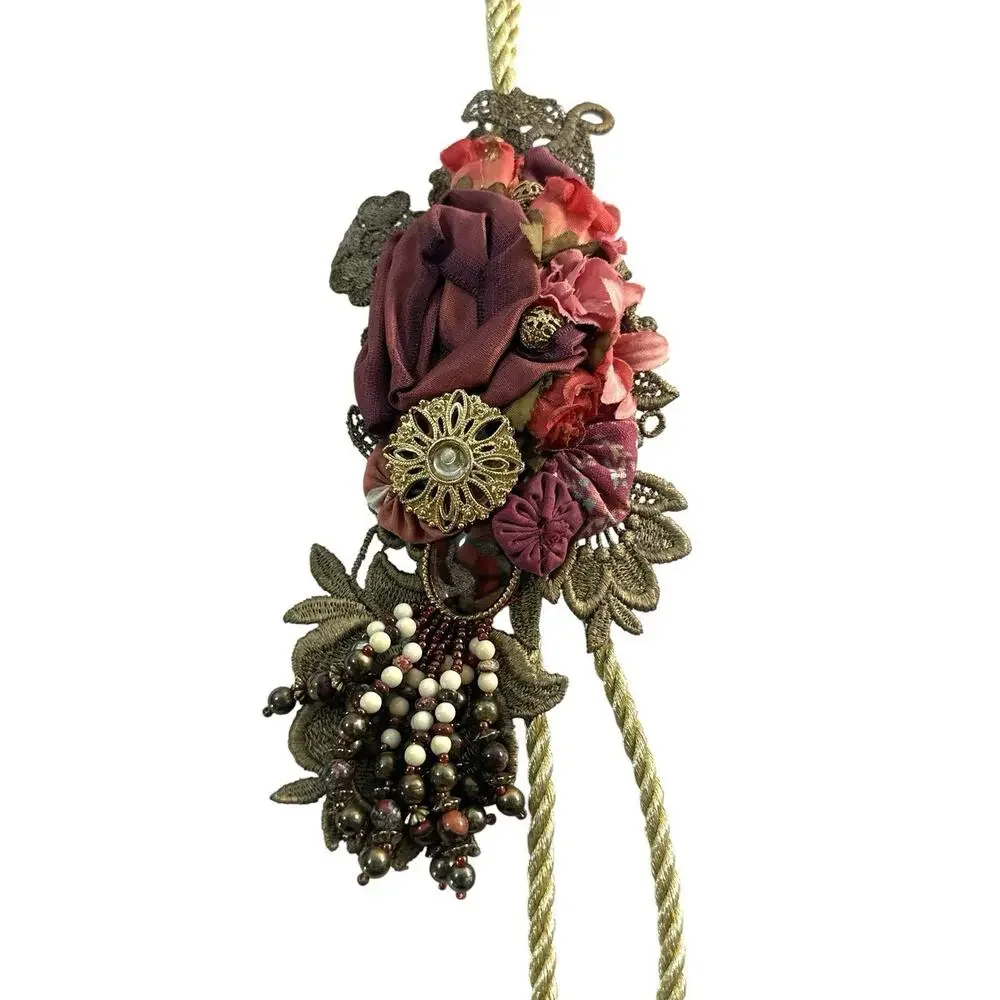 Ornate Burgundy Gold Floral Beaded Curtain Tieback Tassel 20” Single
